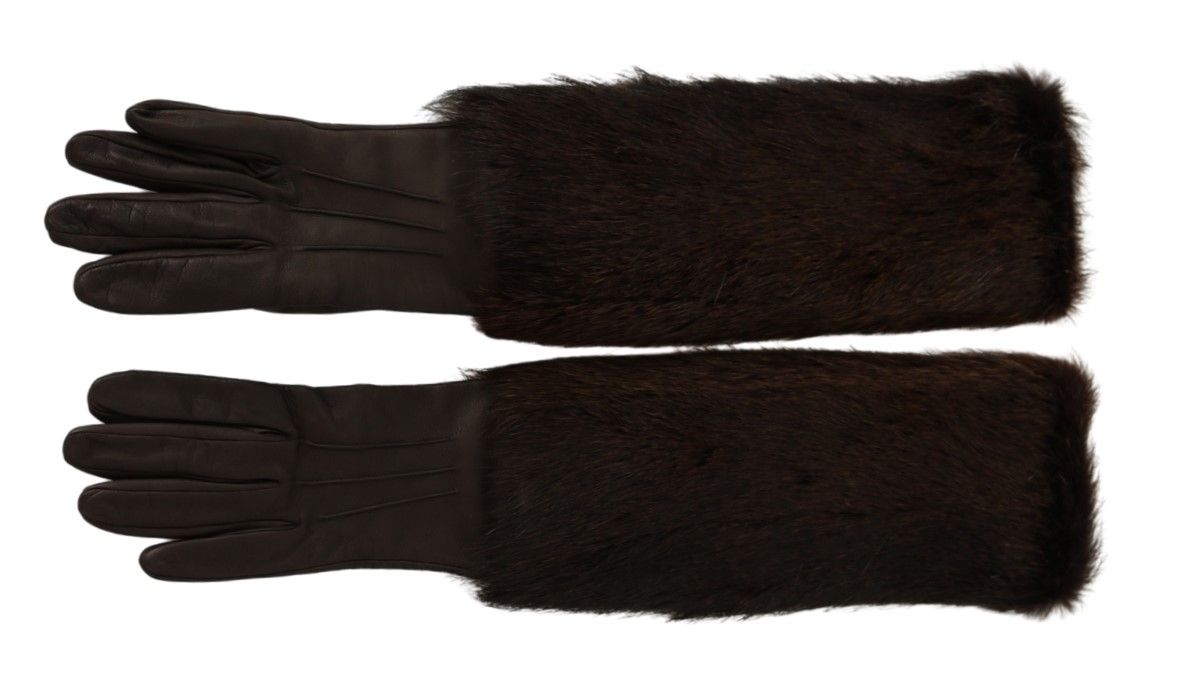 Dolce & Gabbana Brown Elbow Length Mittens Leather Fur Gloves