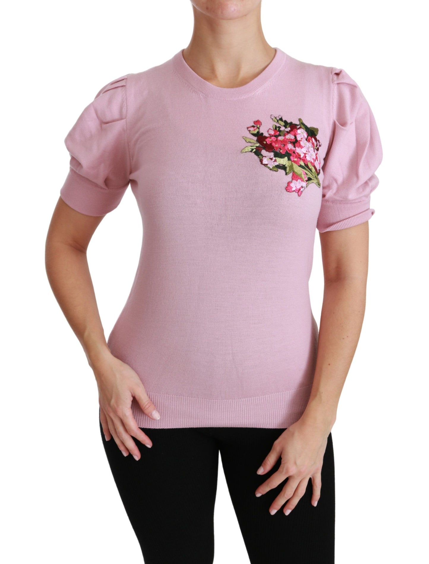 Dolce & Gabbana Pink Floral Embroidered Blouse Wool Top