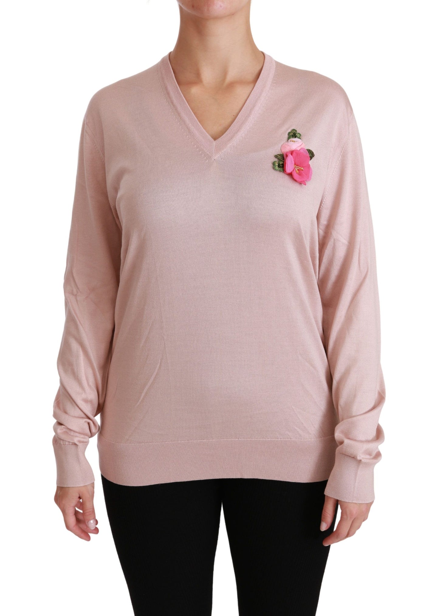 Dolce & Gabbana Pink Floral Embellished Pullover Silk Sweater