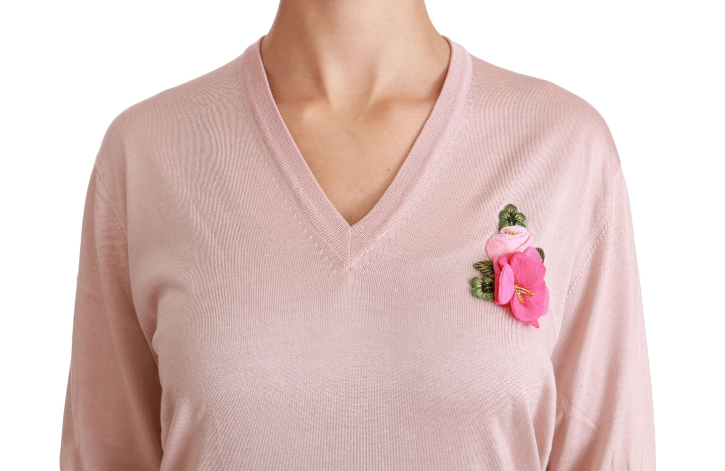 Dolce & Gabbana Pink Floral Embellished Pullover Silk Sweater