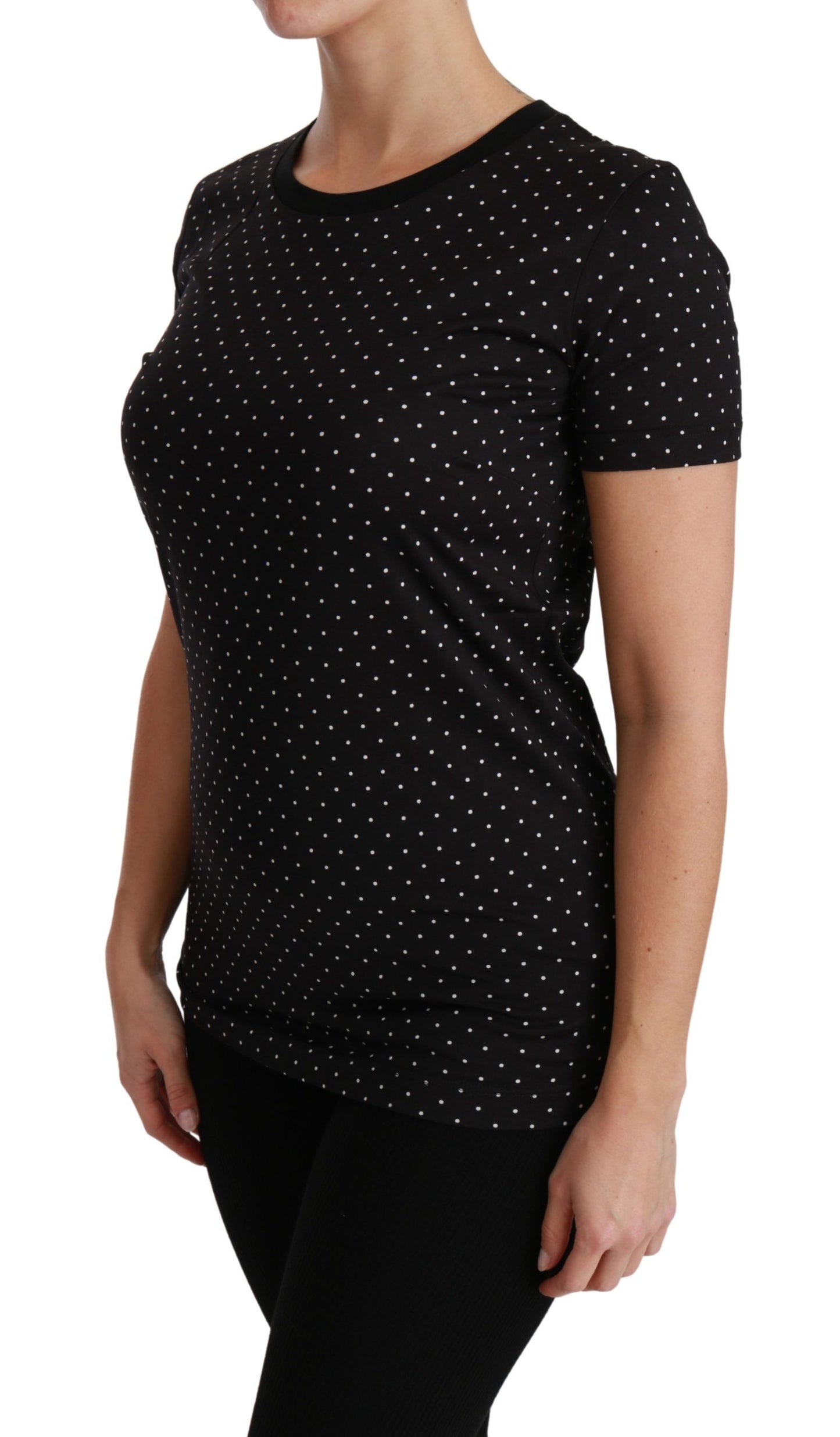 Dolce & Gabbana Black Dotted Crewneck Cotton Top T-shirt