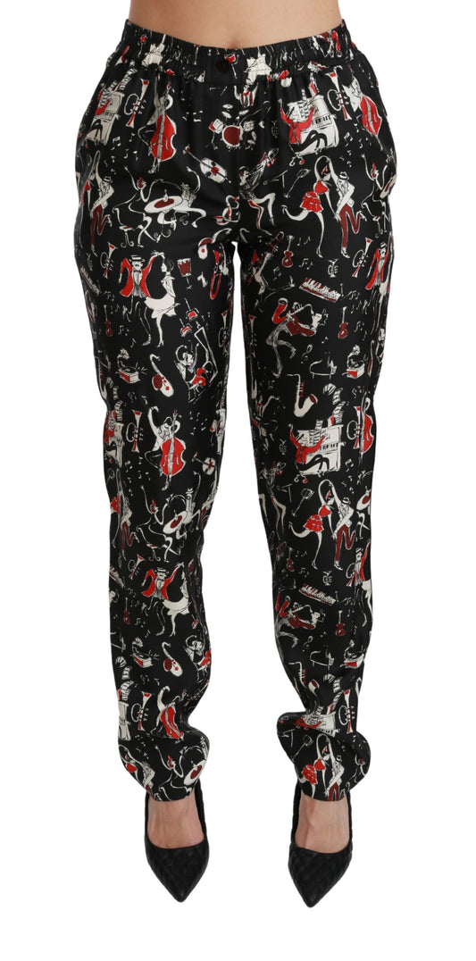 Dolce & Gabbana Black Silk Instrument Mid Waist Pants