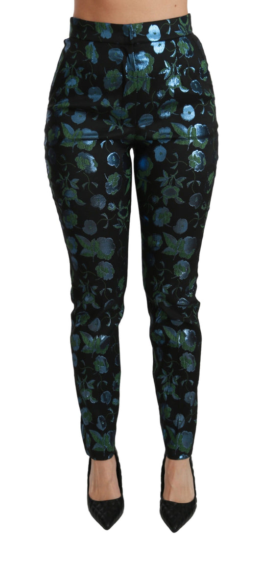 Dolce & Gabbana Blue Green Floral Metallic Slim Pants