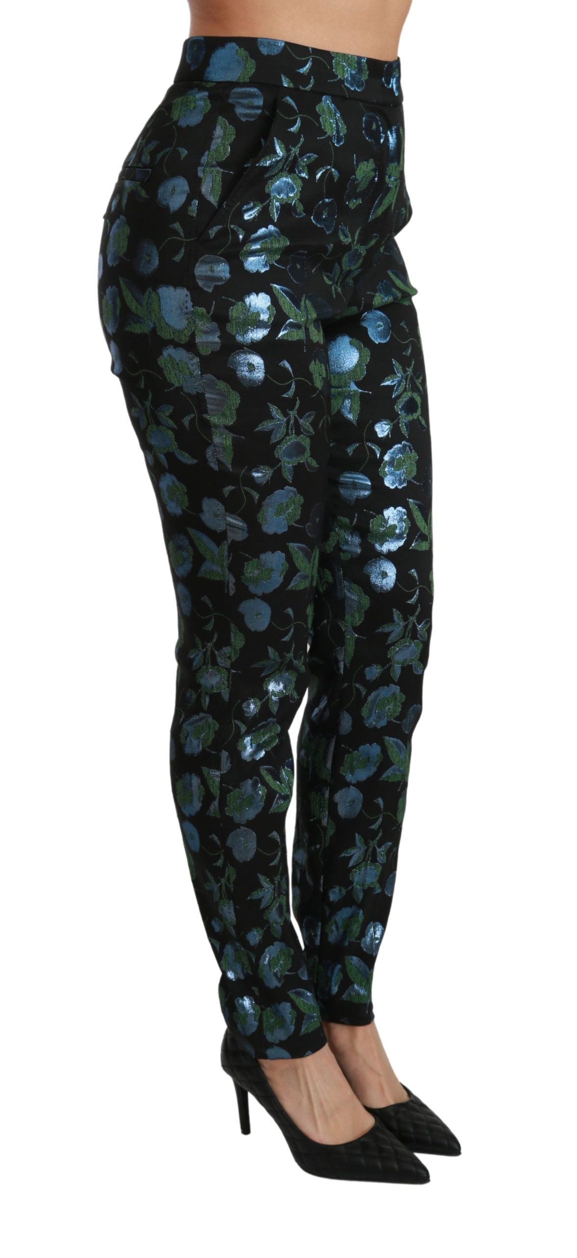 Dolce & Gabbana Blue Green Floral Metallic Slim Pants