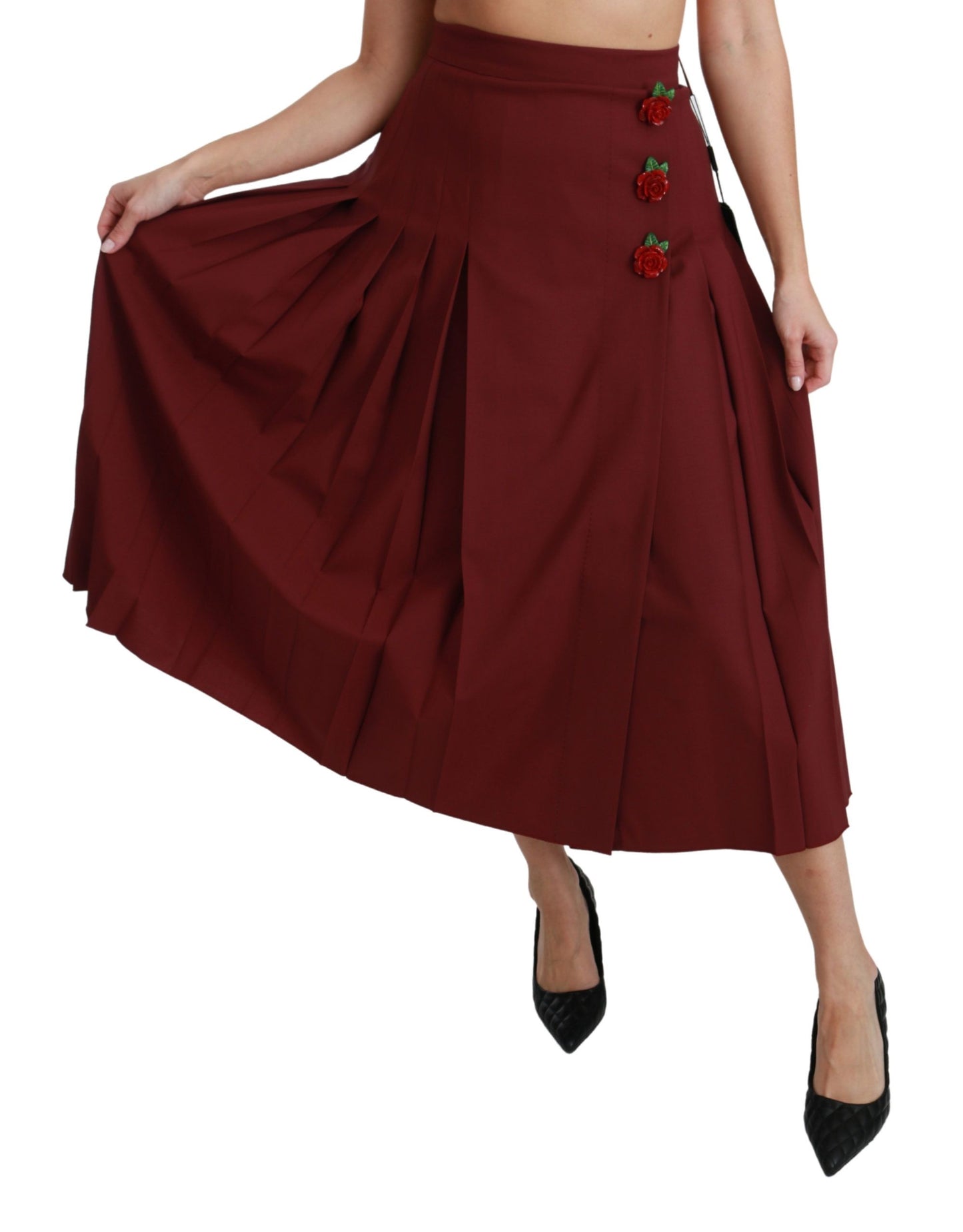 Dolce & Gabbana Red High Waist Pleated Maxi Wool Skirt