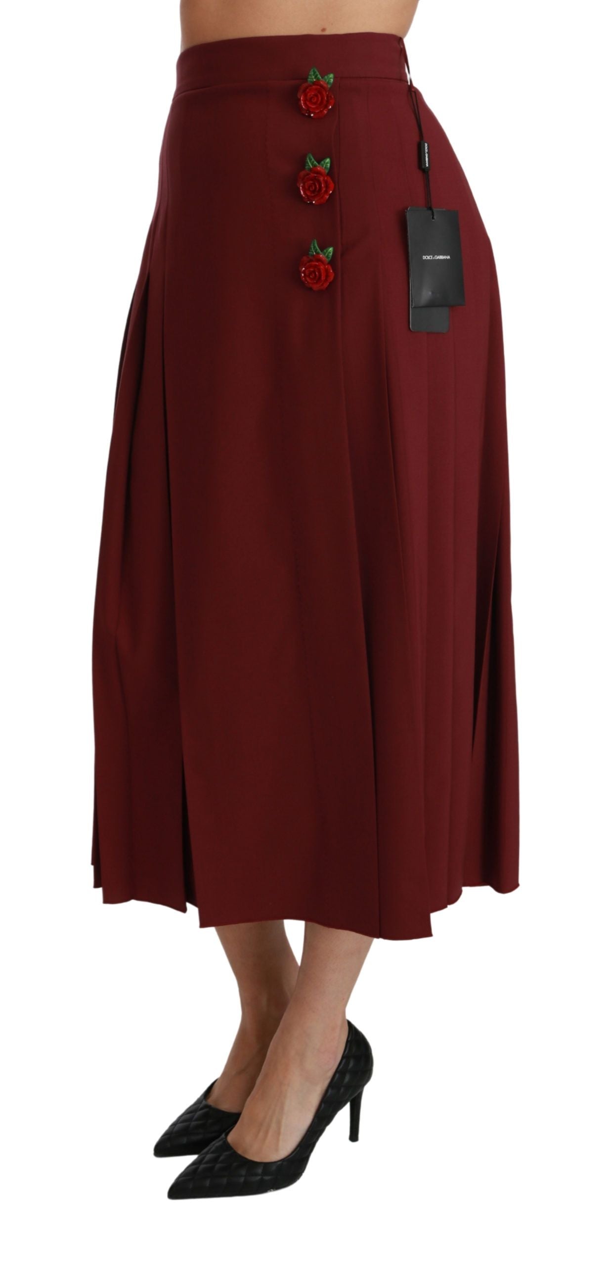 Dolce & Gabbana Red High Waist Pleated Maxi Wool Skirt