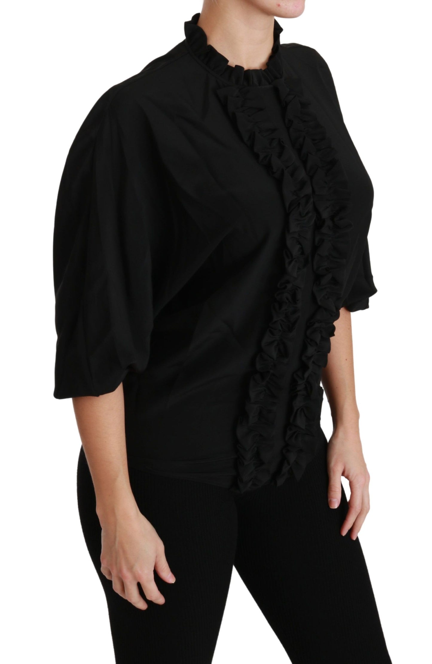 Dolce & Gabbana Black Silk Ruffled Top Blouse