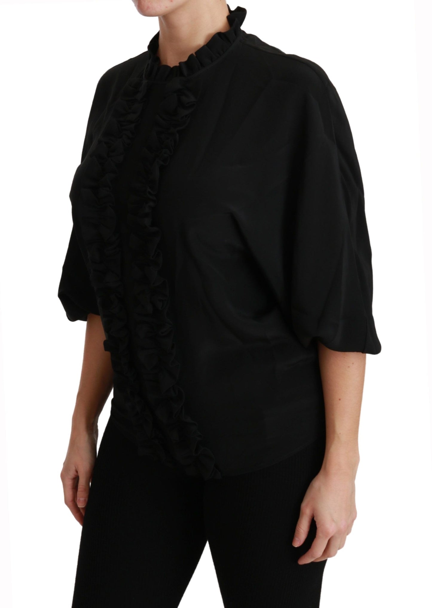 Dolce & Gabbana Black Silk Ruffled Top Blouse