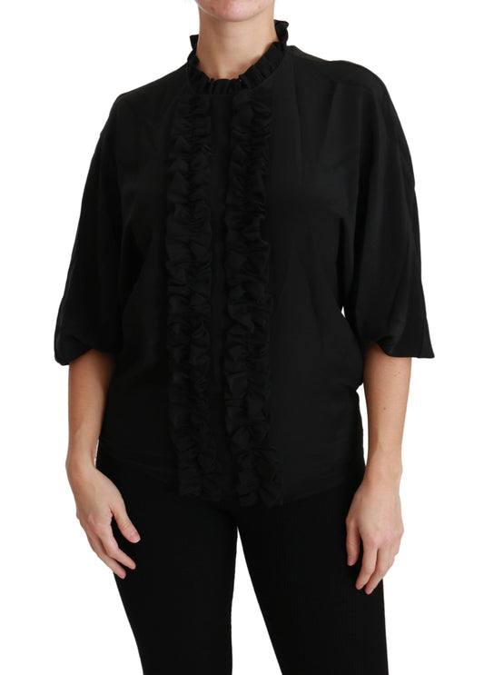 Dolce & Gabbana Black Silk Ruffled Top Blouse