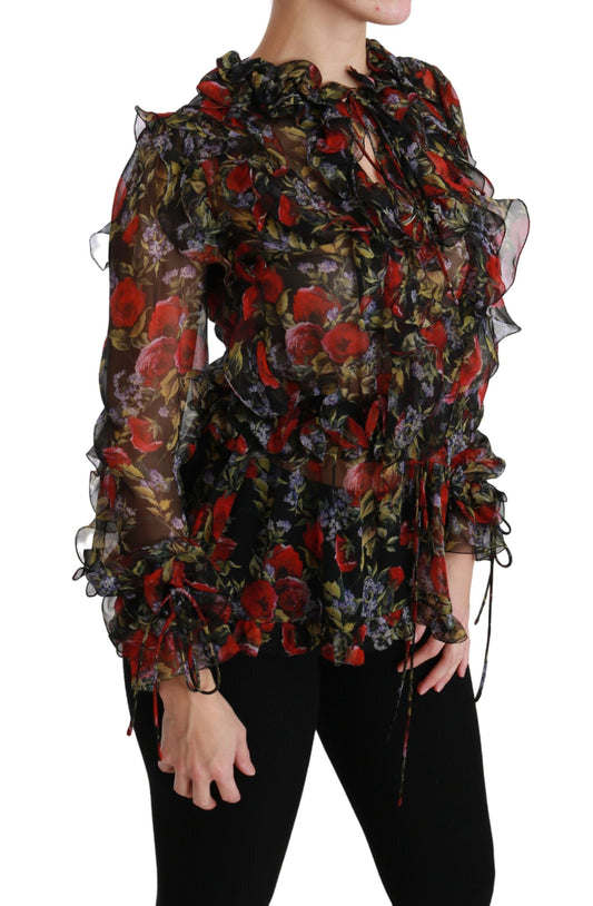 Dolce & Gabbana Black Floral Roses Silk Blouse