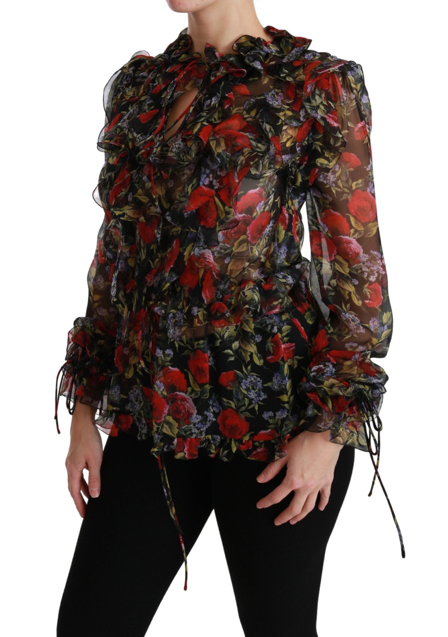 Dolce & Gabbana Black Floral Roses Silk Blouse