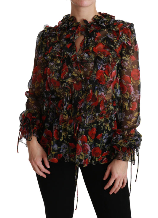 Dolce & Gabbana Black Floral Roses Silk Blouse