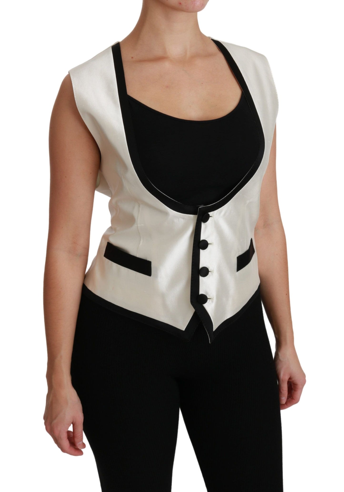 Dolce & Gabbana White Waistcoat Slim Vest Silk Top