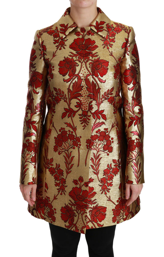 Dolce & Gabbana Elegant Gold Red Floral Brocade Trench Coat