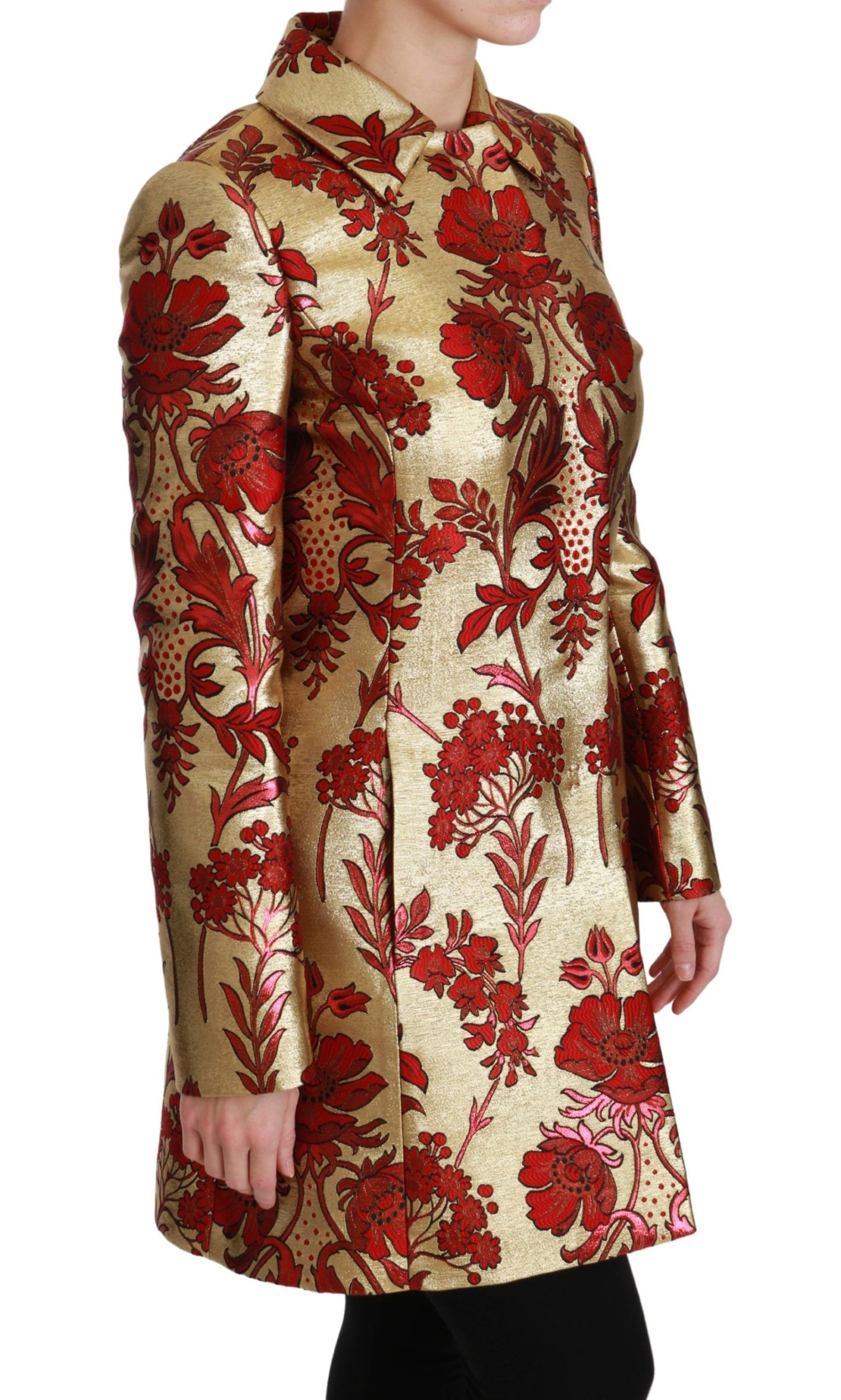 Dolce & Gabbana Elegant Gold Red Floral Brocade Trench Coat