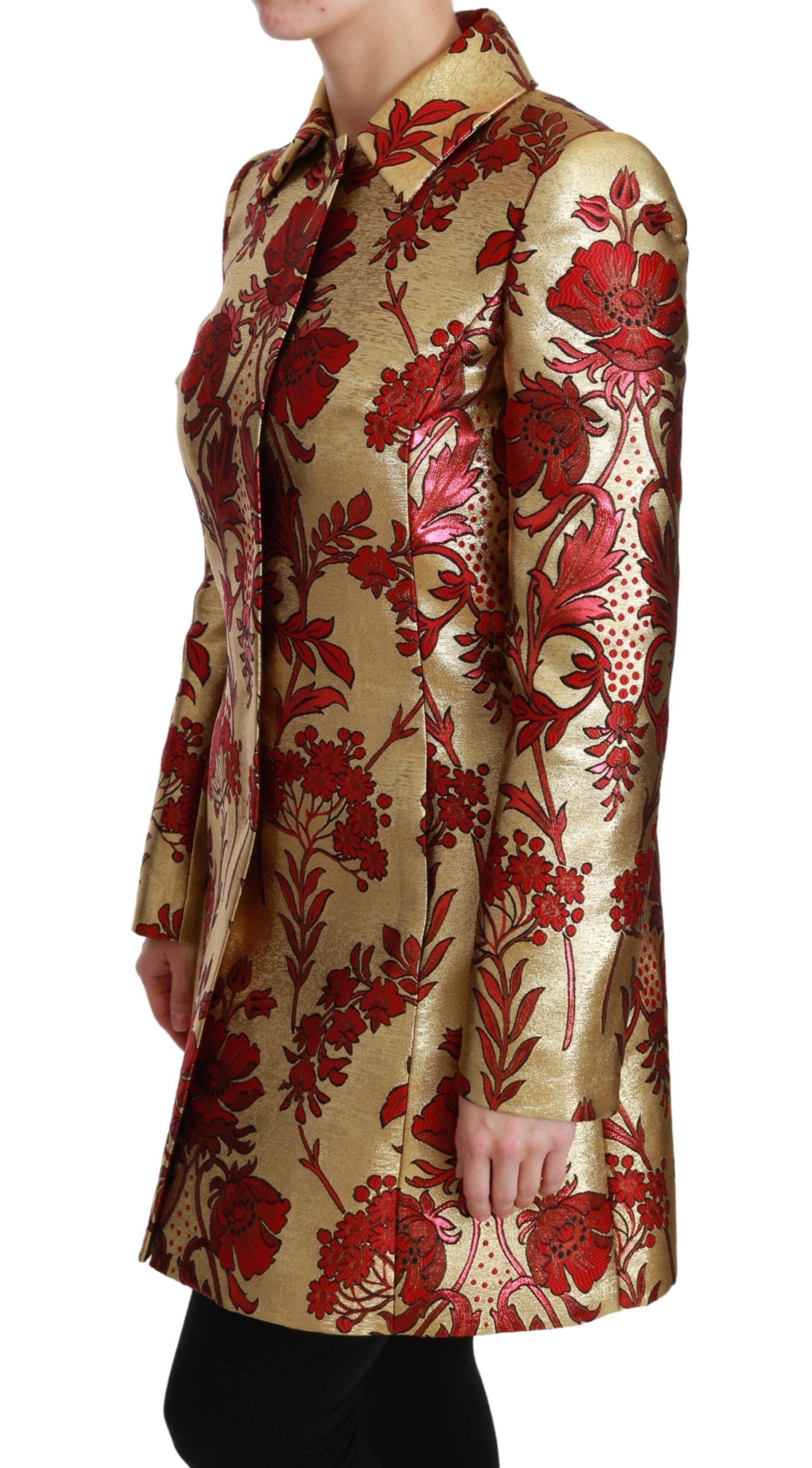 Dolce & Gabbana Elegant Gold Red Floral Brocade Trench Coat