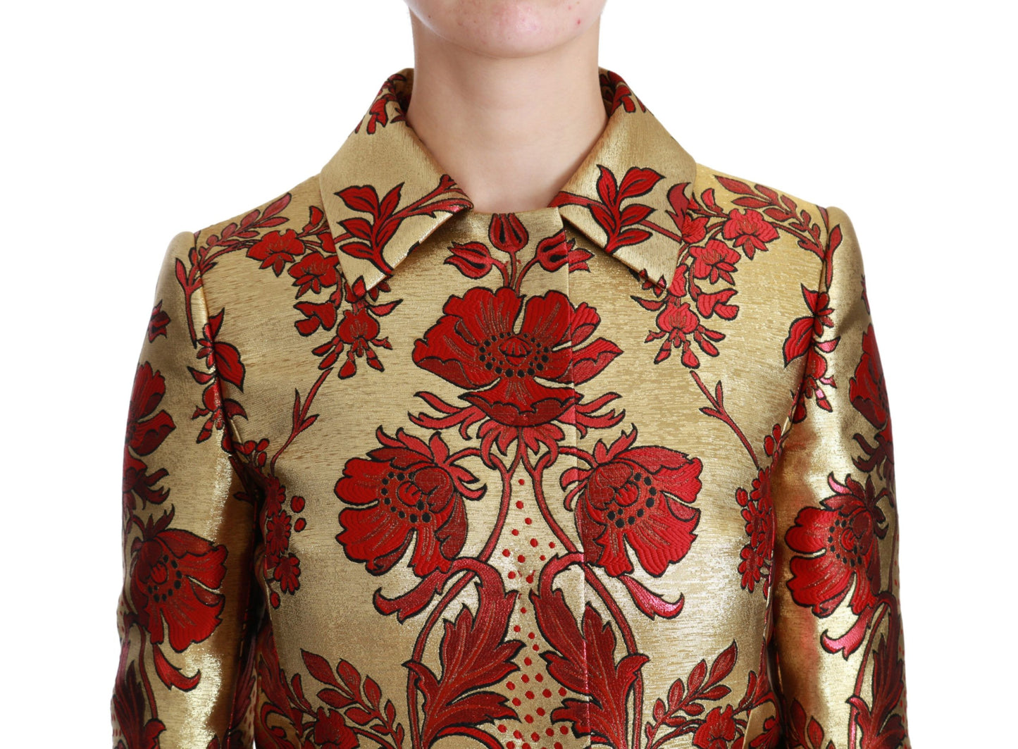 Dolce & Gabbana Elegant Gold Red Floral Brocade Trench Coat