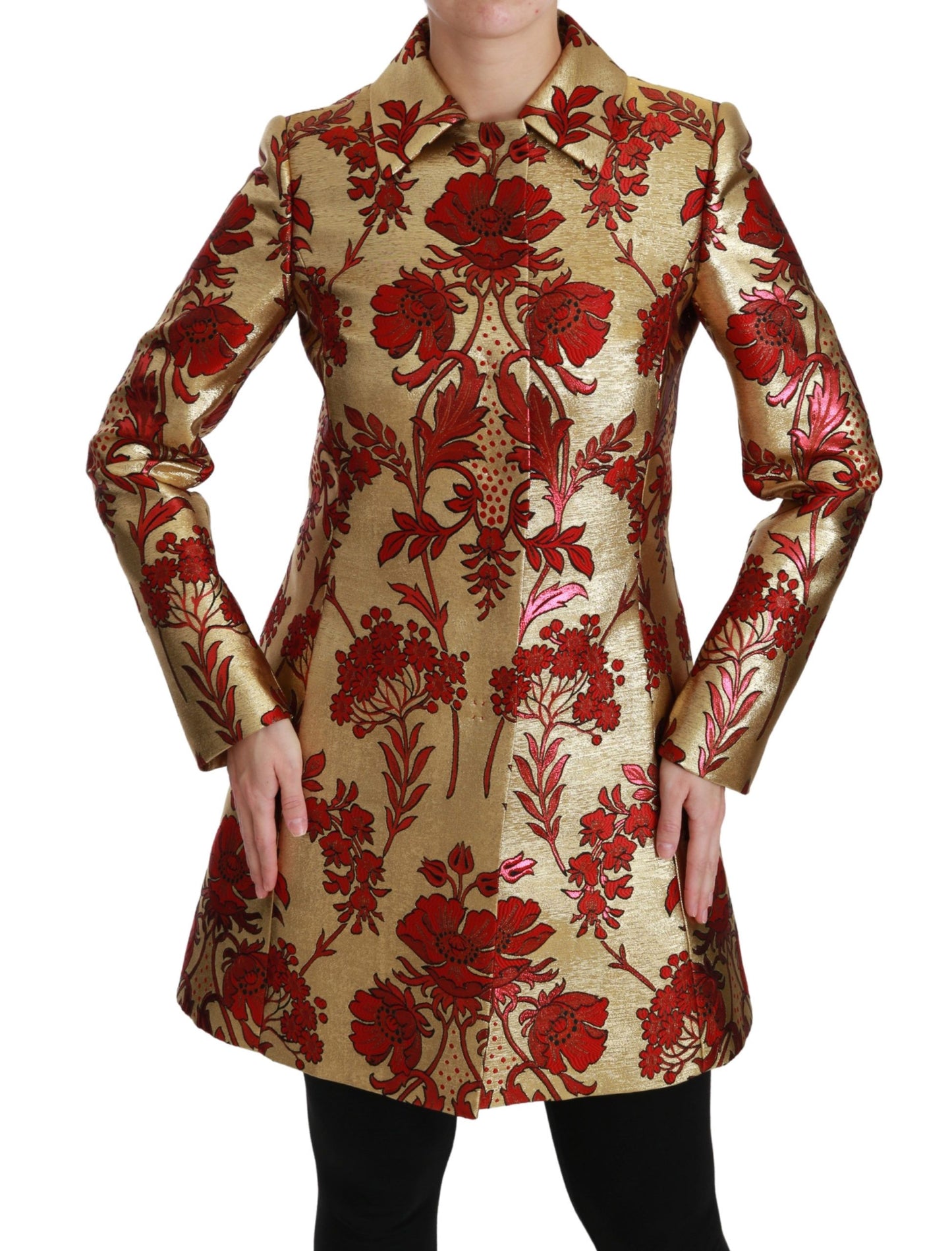 Dolce & Gabbana Elegant Gold Red Floral Brocade Trench Coat