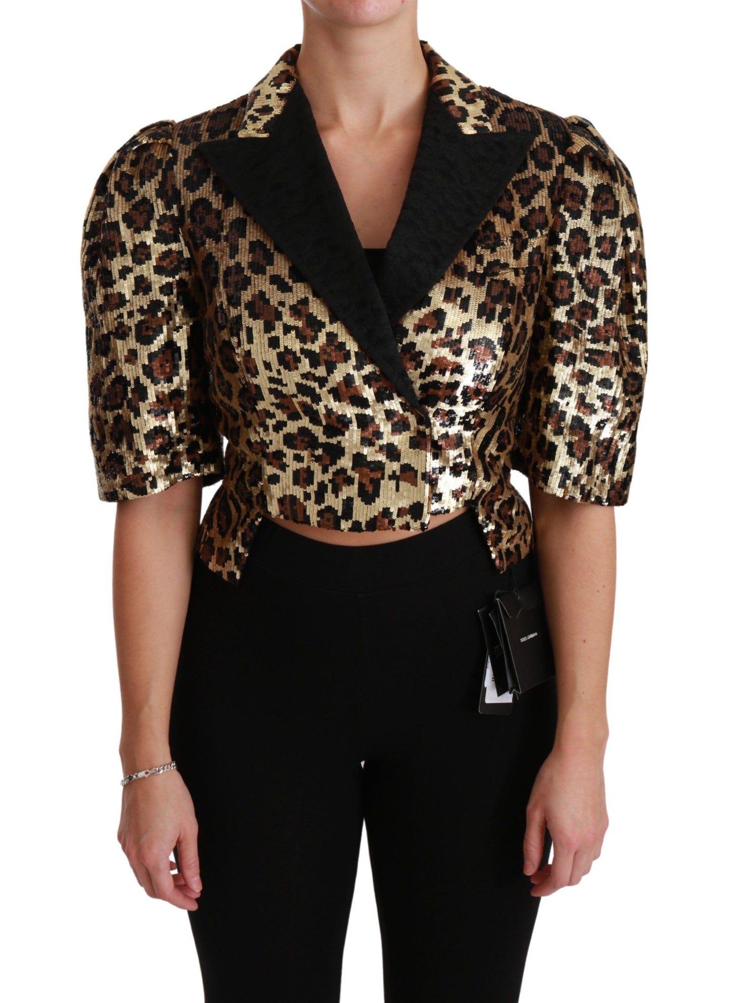 Dolce & Gabbana Gold Black Leopard Sequined Silk Cropped Jacket