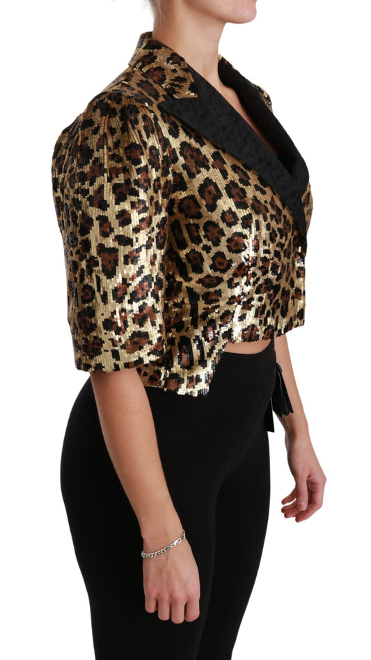 Dolce & Gabbana Gold Black Leopard Sequined Silk Cropped Jacket