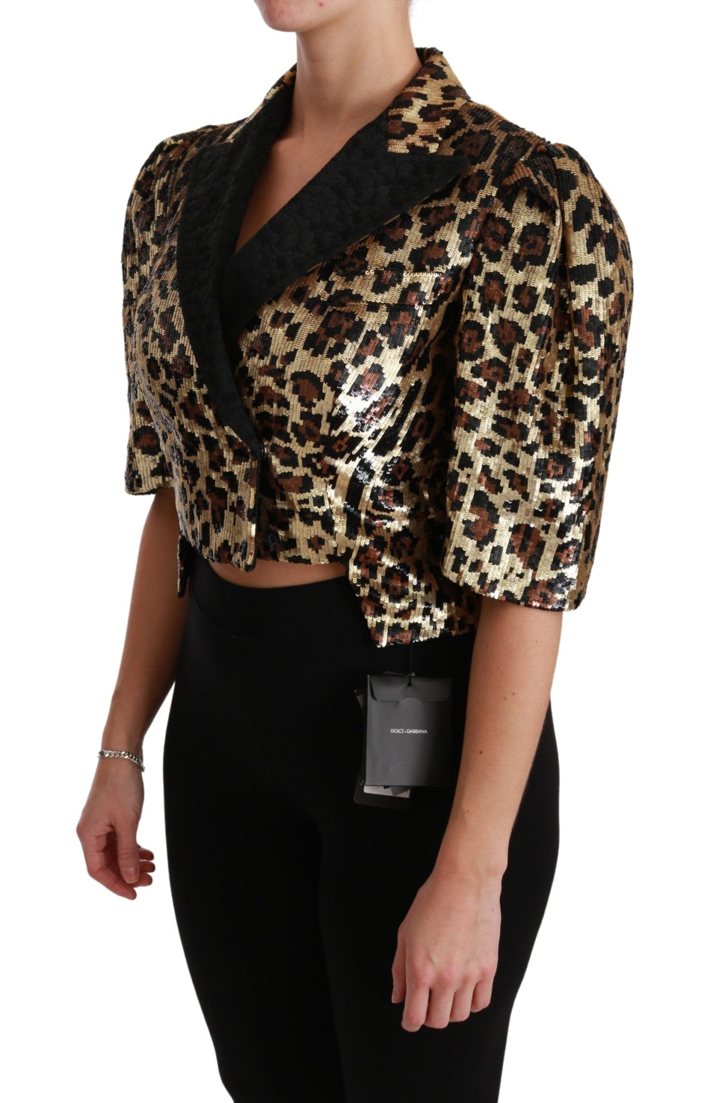 Dolce & Gabbana Gold Black Leopard Sequined Silk Cropped Jacket