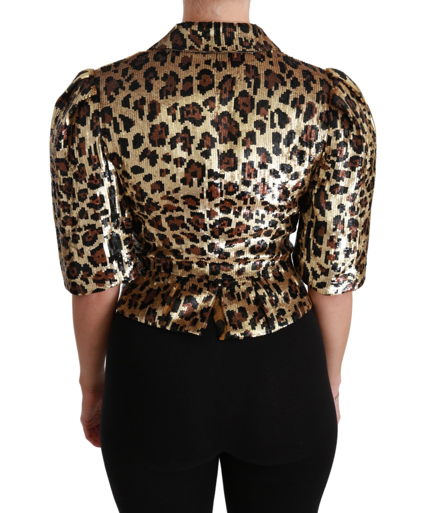 Dolce & Gabbana Gold Black Leopard Sequined Silk Cropped Jacket