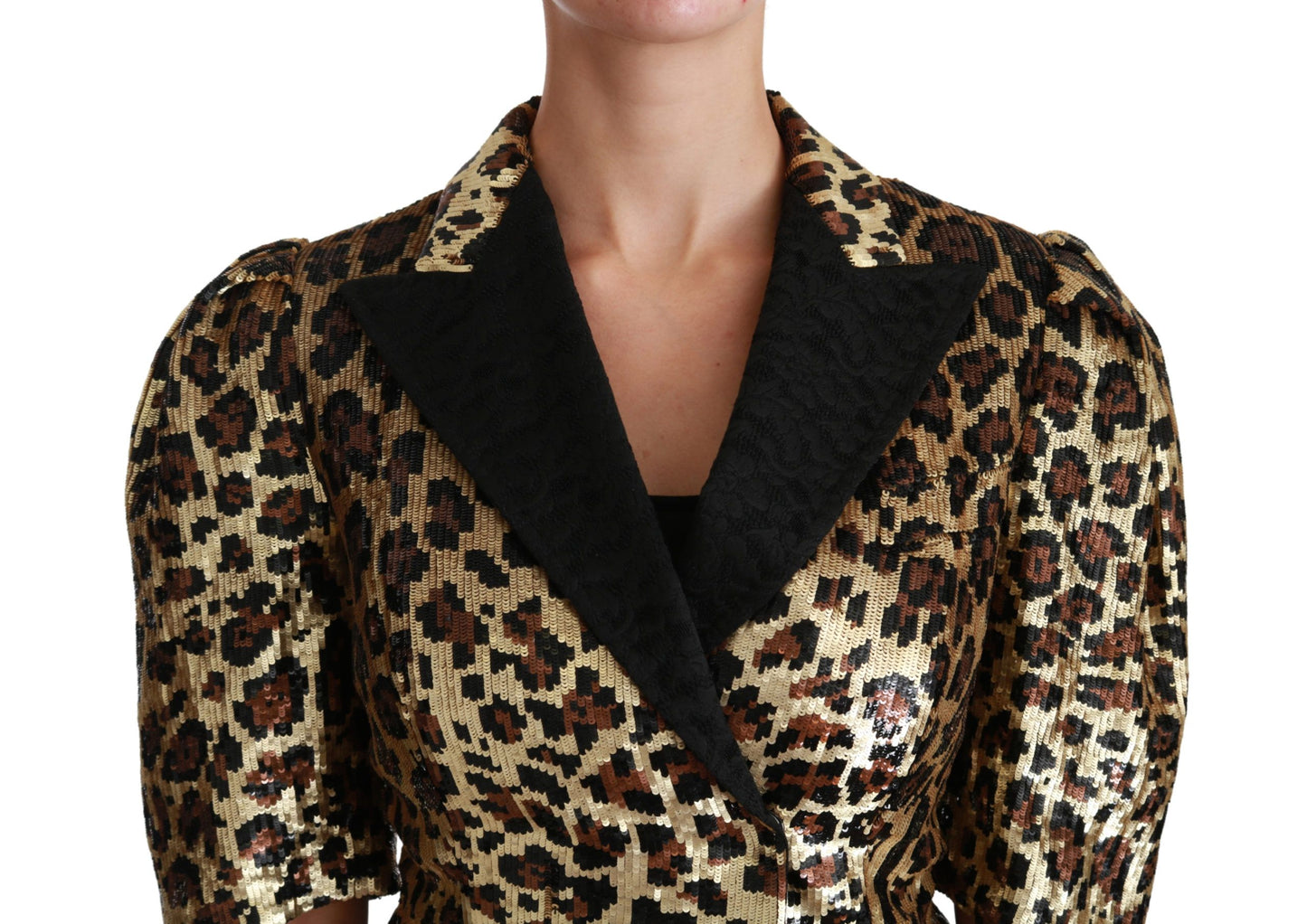 Dolce & Gabbana Gold Black Leopard Sequined Silk Cropped Jacket