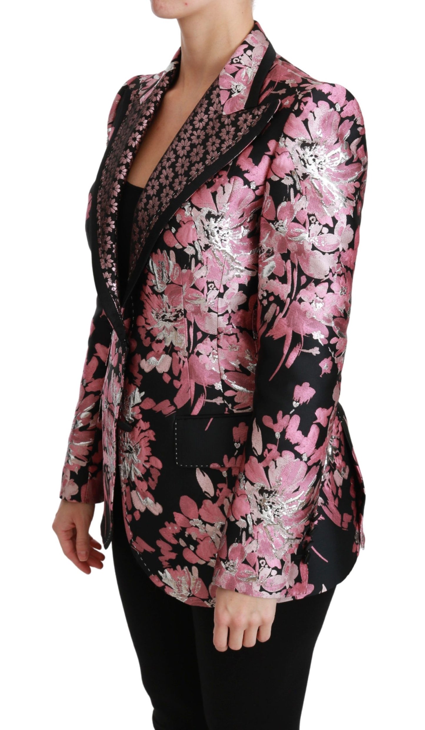 Dolce & Gabbana Elegant Black Pink Floral Jacquard Blazer Jacket