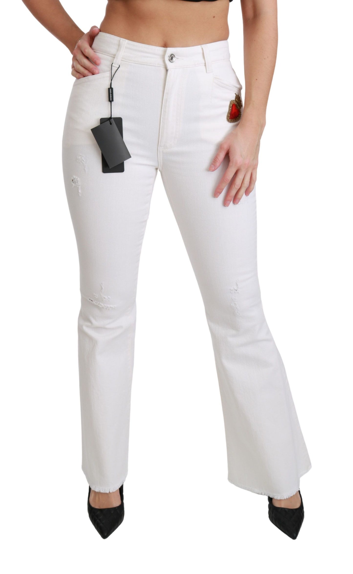 Dolce & Gabbana White Heart Flared Stretch Cotton Pants