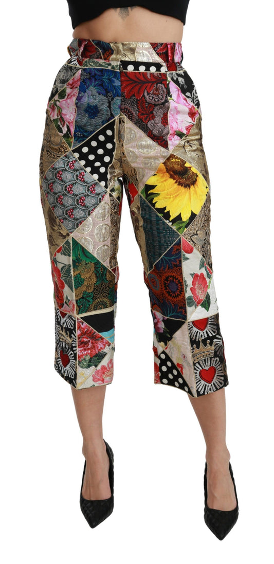 Dolce & Gabbana Silk Multicolor Print High Waist Cropped Pants