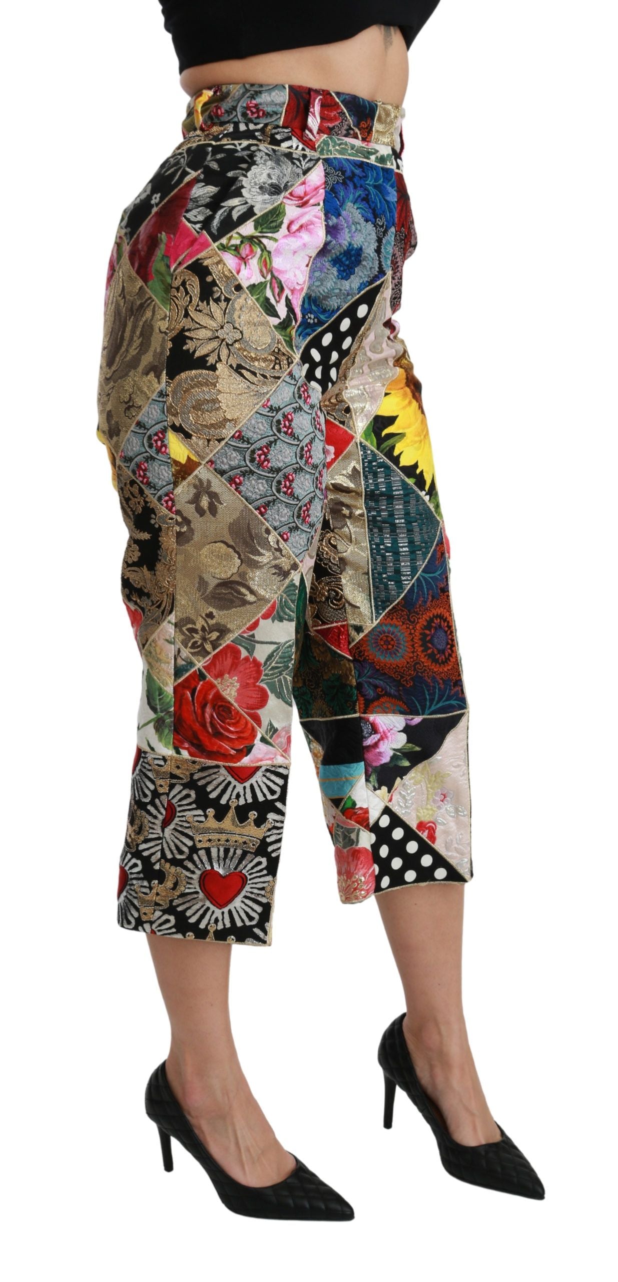 Dolce & Gabbana Silk Multicolor Print High Waist Cropped Pants