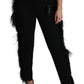 Dolce & Gabbana Black Feather Straight High Waist Wool Pants