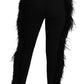 Dolce & Gabbana Black Feather Straight High Waist Wool Pants