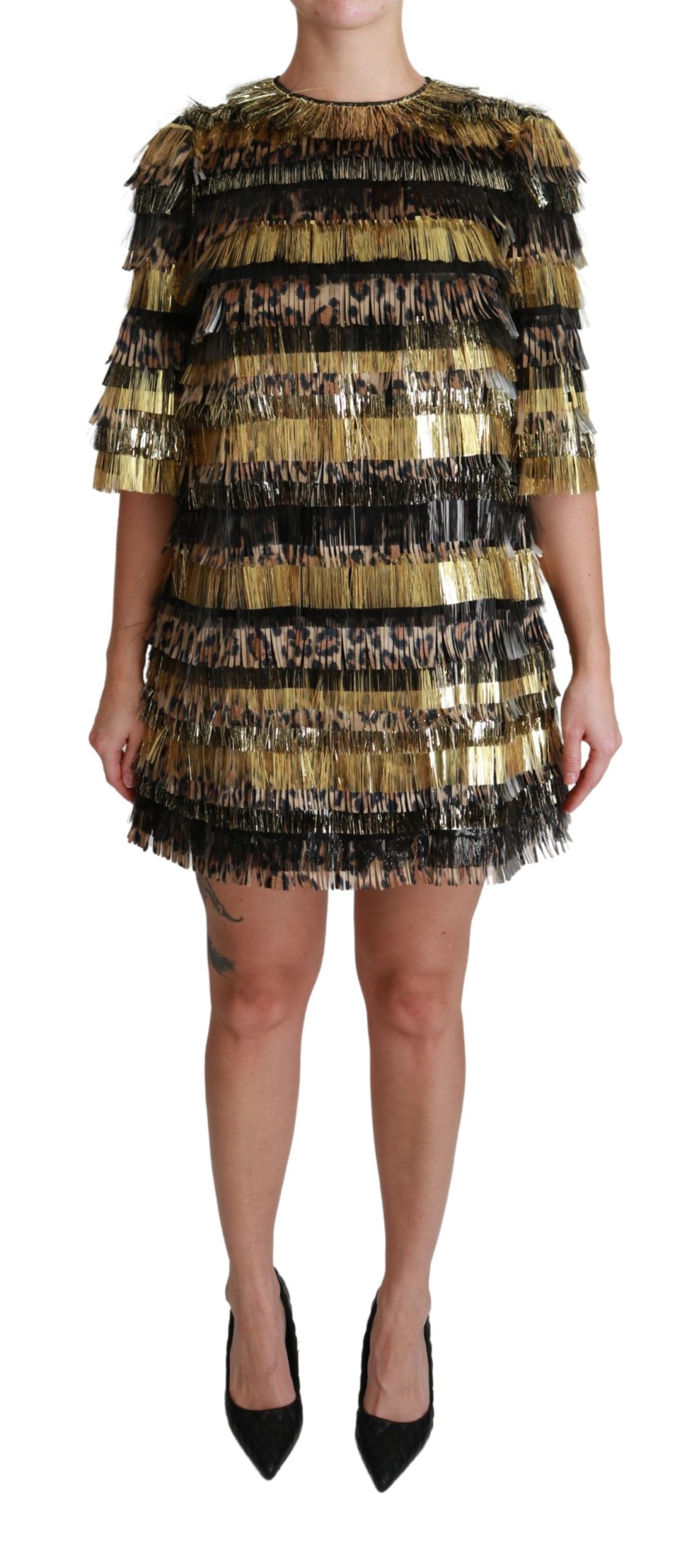 Dolce & Gabbana Black Gold Leopard Fringe Dress