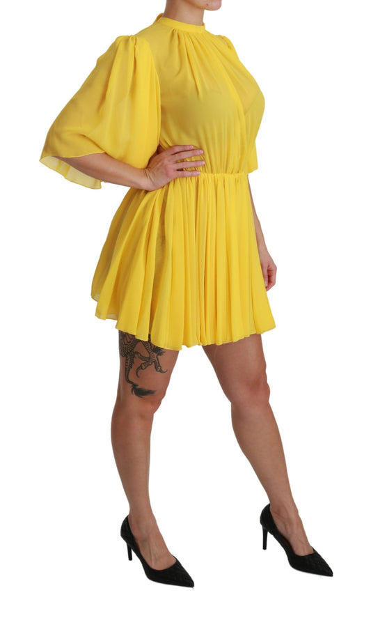 Dolce & Gabbana Yellow Pleated A-line Mini 100% Silk Dress