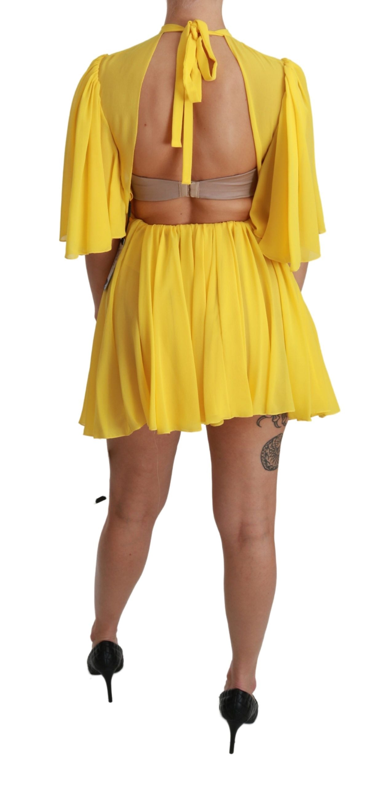 Dolce & Gabbana Yellow Pleated A-line Mini 100% Silk Dress