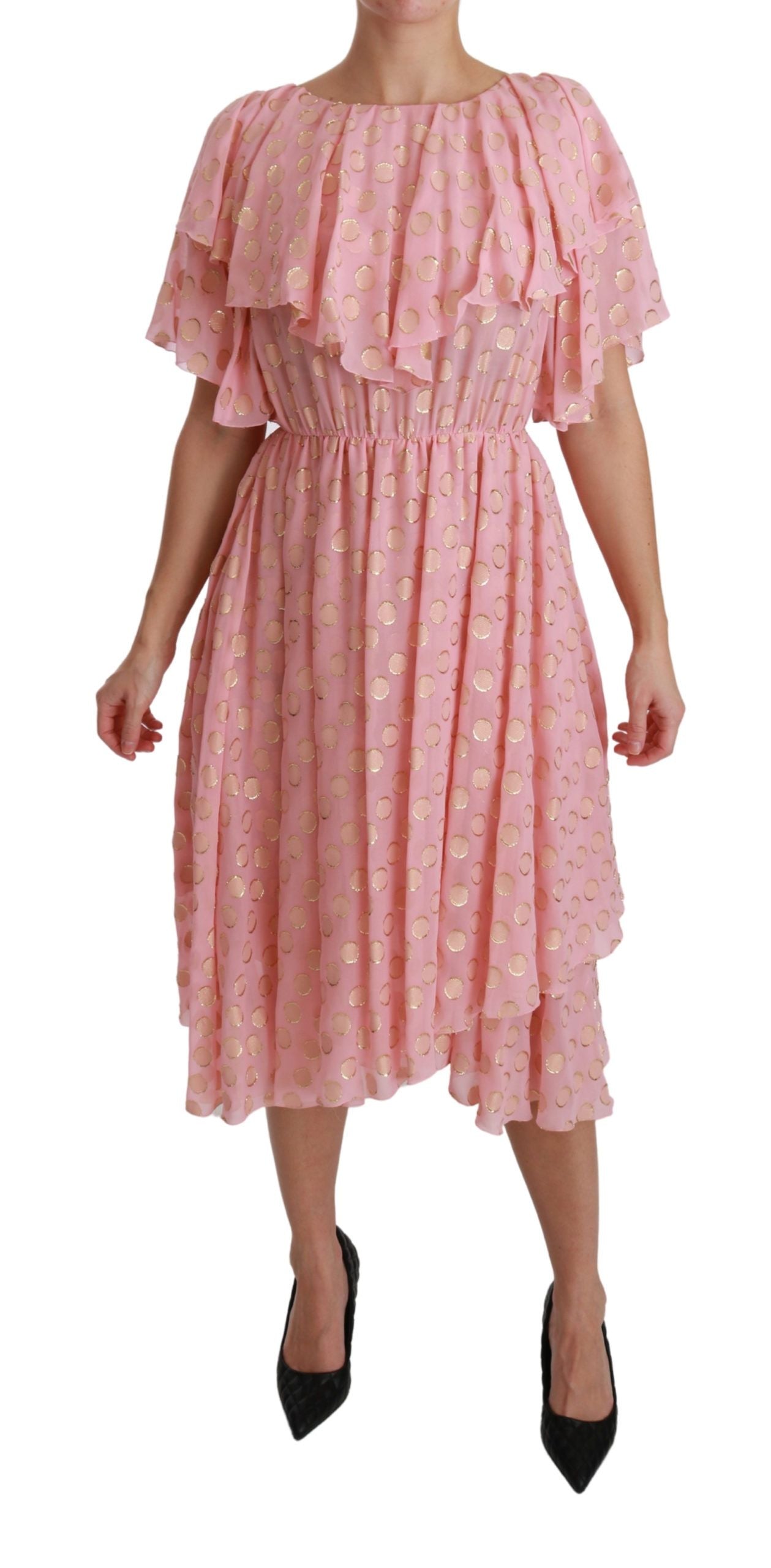 Dolce & Gabbana Silk Pink Polka Dots Pleated A-line Midi Dress