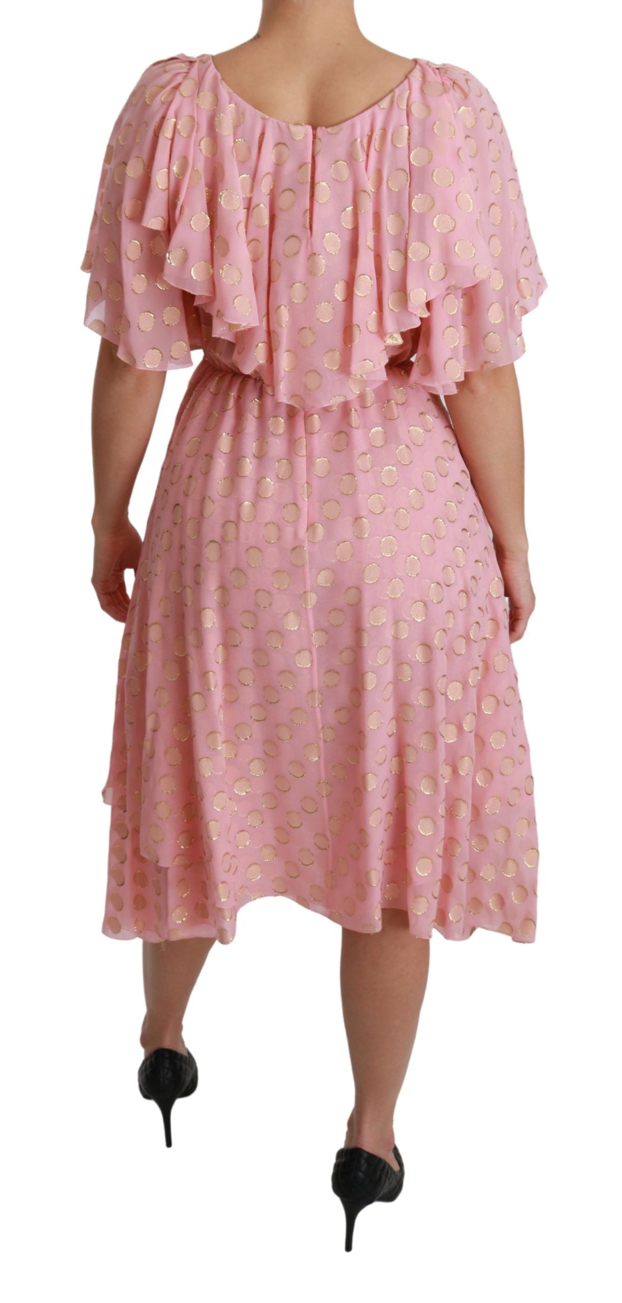 Dolce & Gabbana Silk Pink Polka Dots Pleated A-line Midi Dress