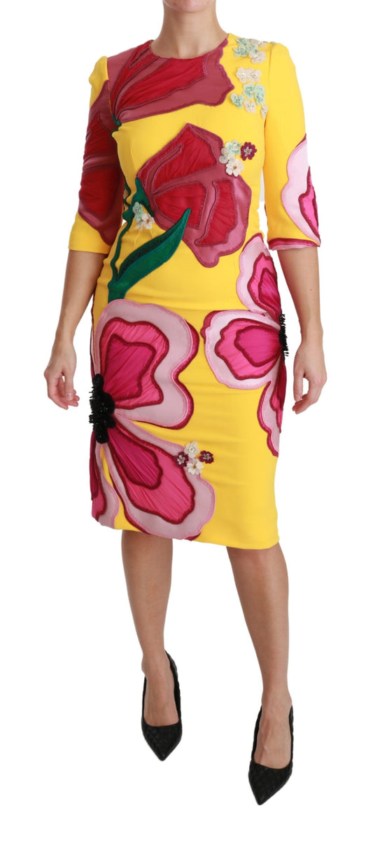 Dolce & Gabbana Yellow Pink Floral Crystal Bodycon Sheath Dress