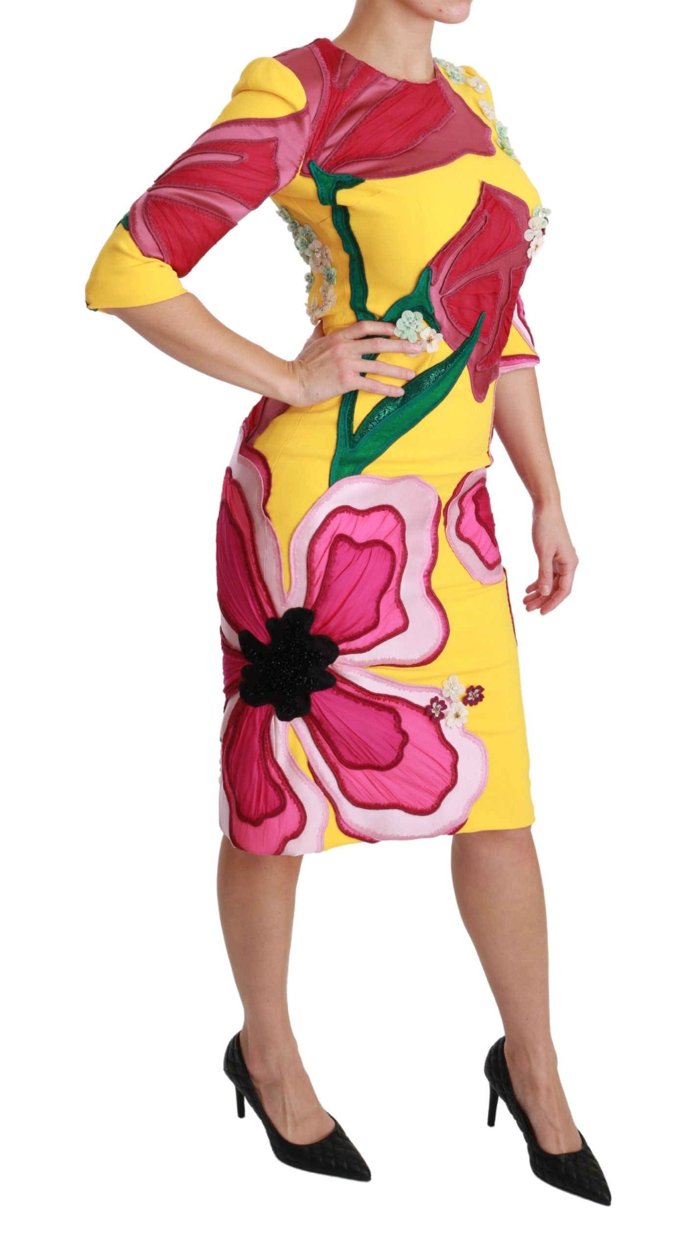 Dolce & Gabbana Yellow Pink Floral Crystal Bodycon Sheath Dress