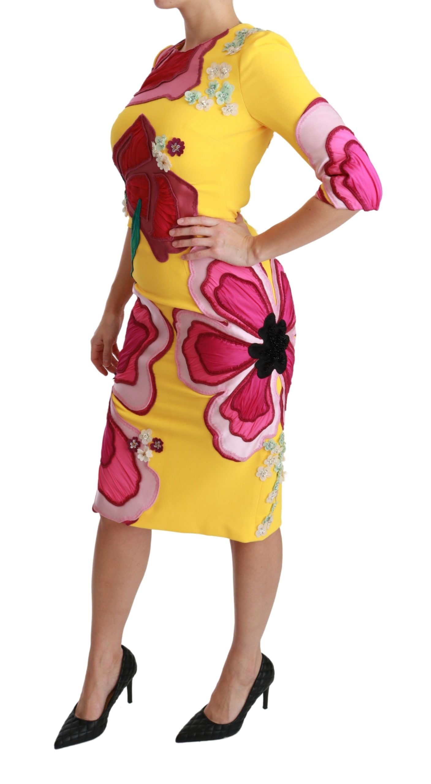 Dolce & Gabbana Yellow Pink Floral Crystal Bodycon Sheath Dress