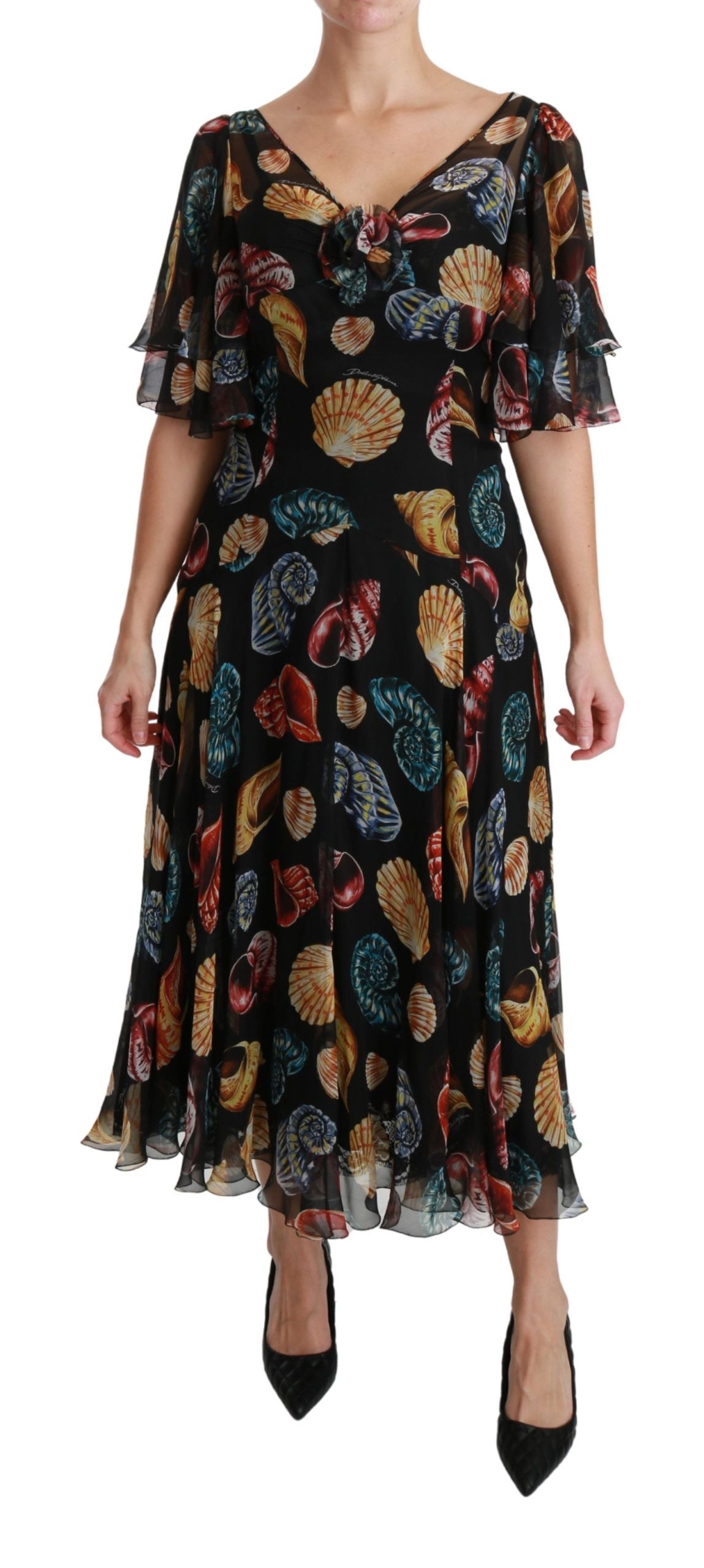 Dolce & Gabbana Black Sea Shells Maxi A-line Midi Silk Dress