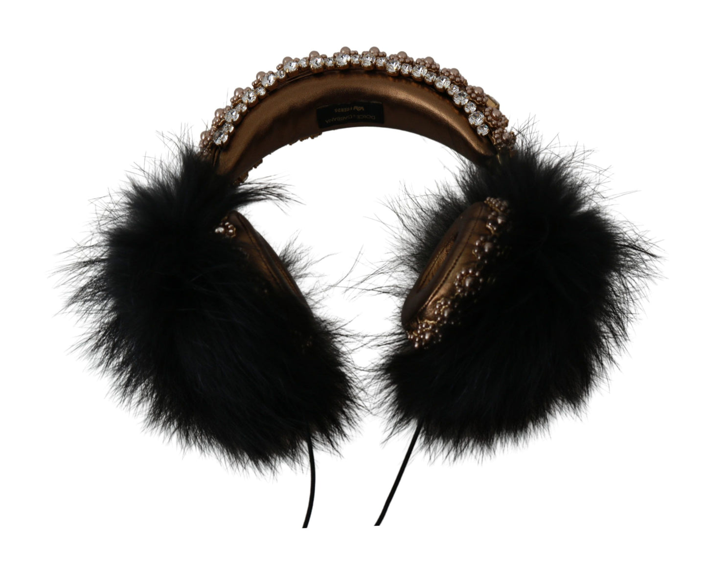 Dolce & Gabbana Gold Black Crystals Fur Headphones