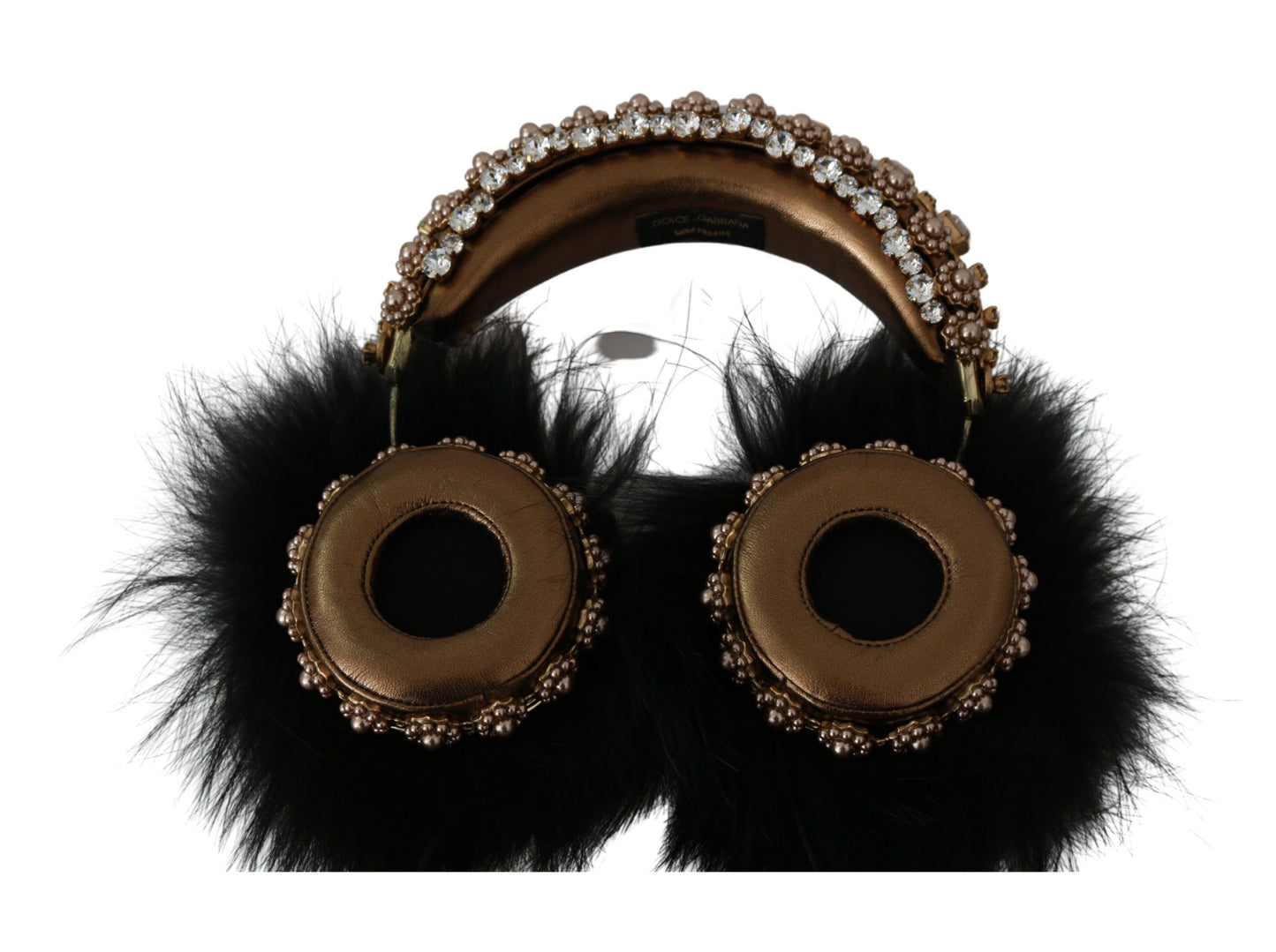 Dolce & Gabbana Gold Black Crystals Fur Headphones