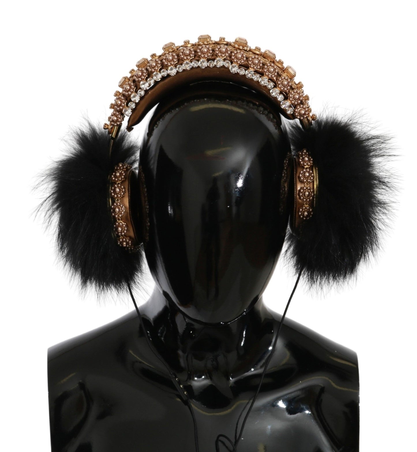 Dolce & Gabbana Gold Black Crystals Fur Headphones