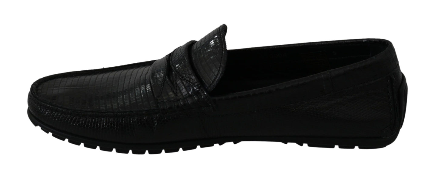 Dolce & Gabbana Black Lizard Leather Flat Loafers Shoes