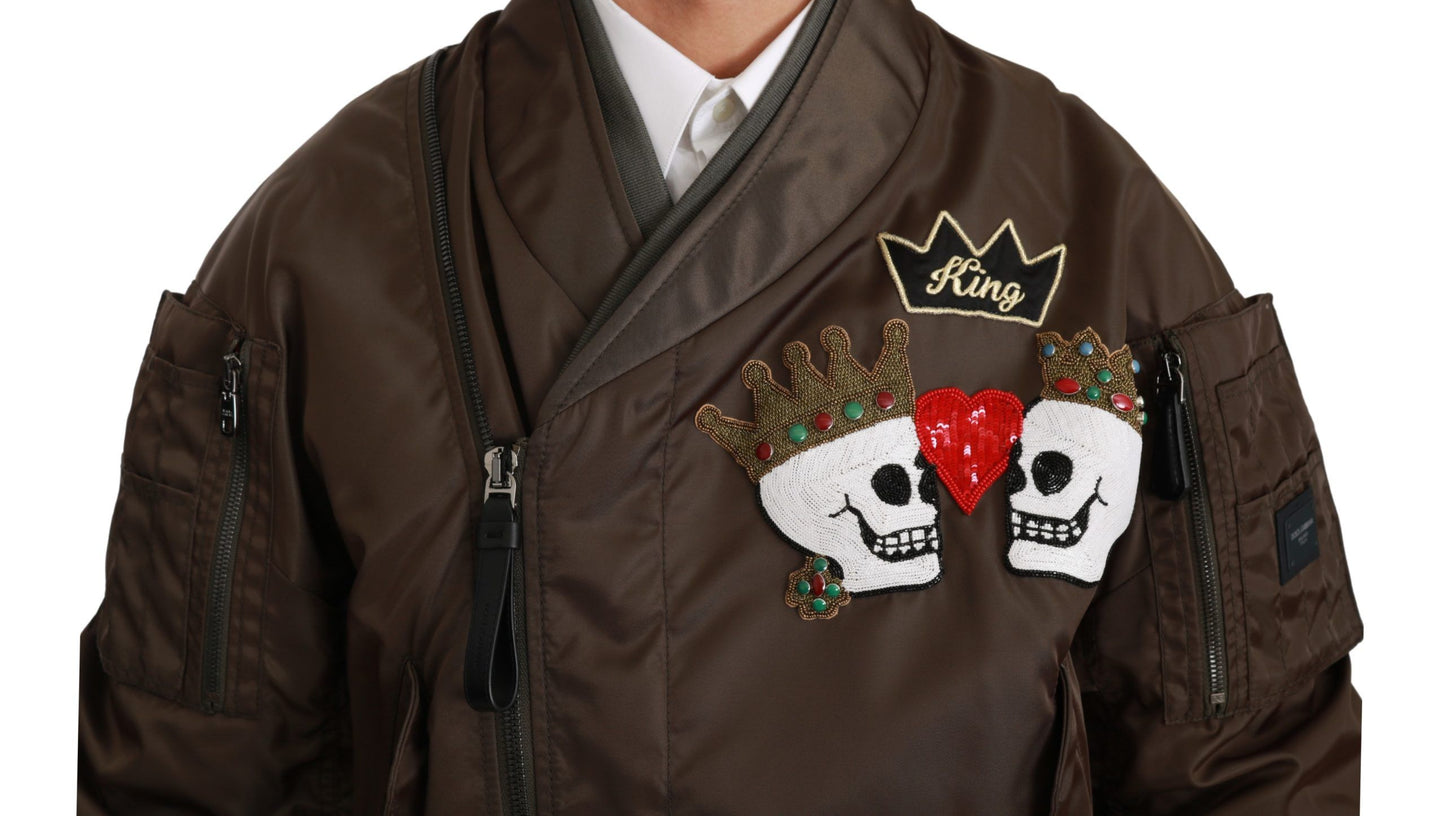 Dolce & Gabbana Brown Beaded Crown Skull Logo Jacket