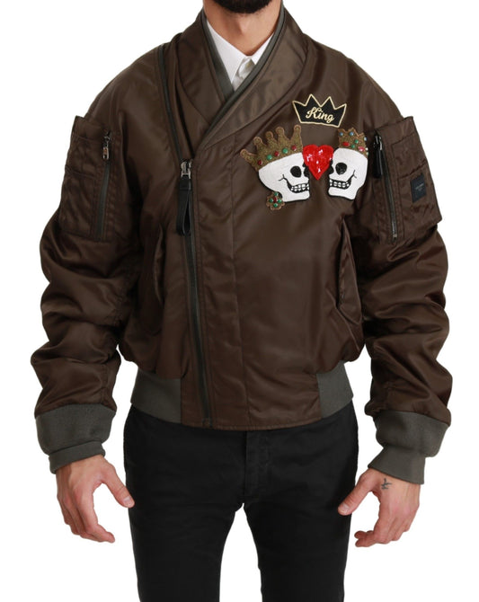 Dolce & Gabbana Brown Beaded Crown Skull Logo Jacket