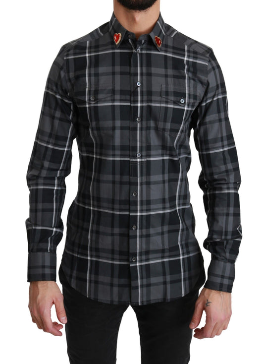 Dolce & Gabbana Gray Checkered Heart Collar MARTINI Shirt