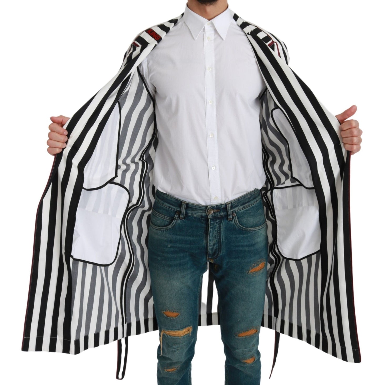 Dolce & Gabbana Black White Stripe Logo Belted Robe